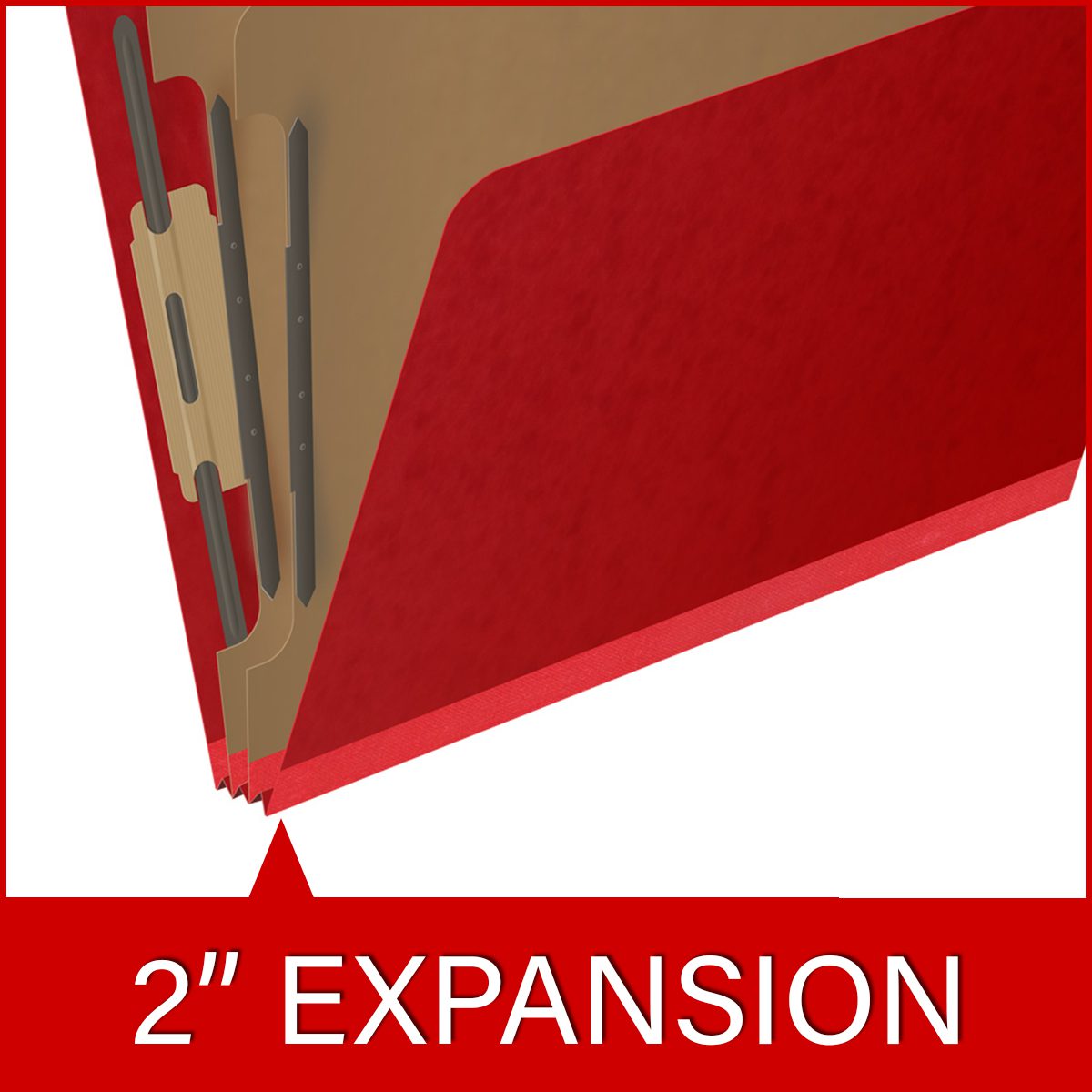 Deep red letter size top tab two divider classification folder with 2" gray tyvek expansion, with 2" bonded fasteners on inside front and inside back and 1" duo fastener on dividers - DV-T42-26-3DRD