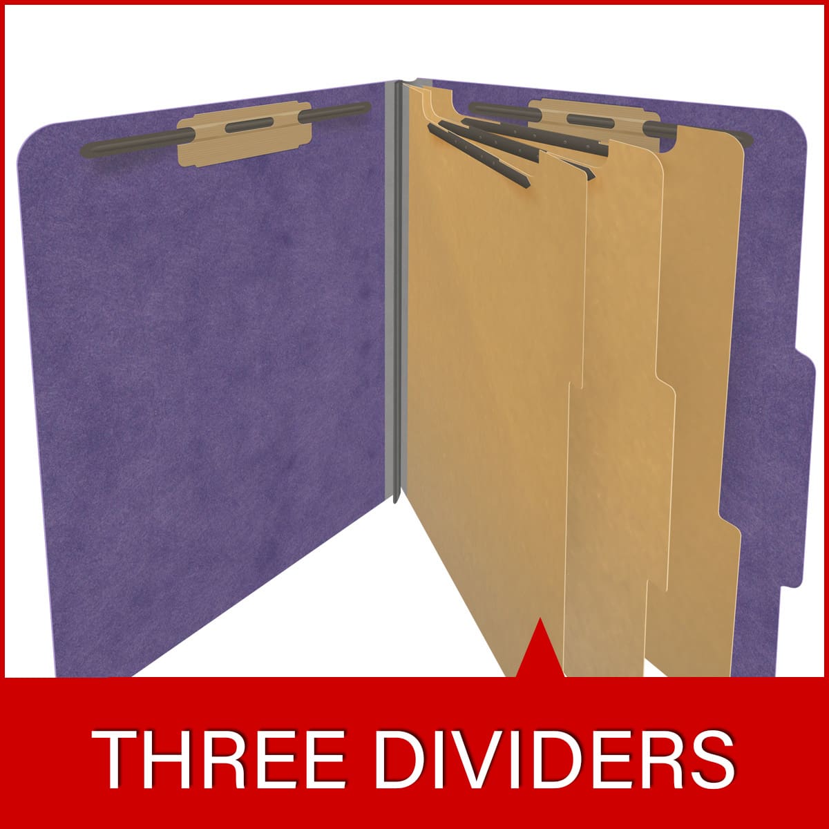 Purple letter size top tab three divider classification folder with 3" grey tyvek expansion, with 2" bonded fasteners on inside front and inside back and 1" duo fastener on dividers - DV-T43-38-3PRP
