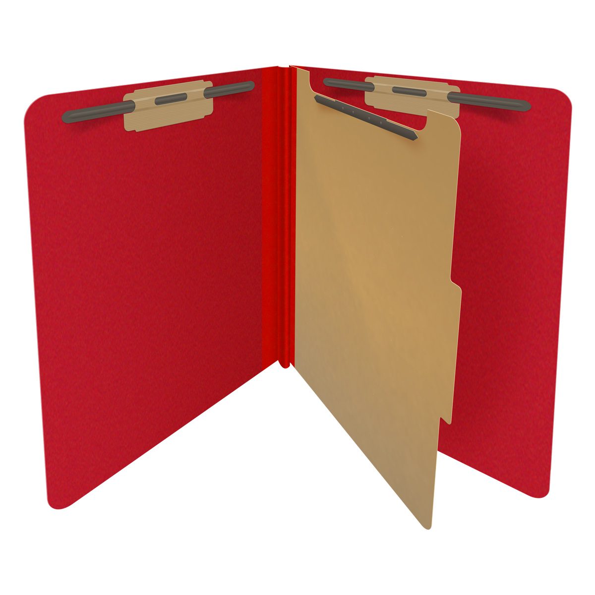 Deep red letter size end tab one divider classification folder with 2" gray tyvek expansion, with 2" bonded fasteners on inside front and inside back and 1" duo fastener on divider - DV-S42-14-3DRD