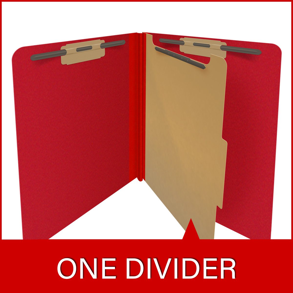 Deep red letter size end tab one divider classification folder with 2" gray tyvek expansion, with 2" bonded fasteners on inside front and inside back and 1" duo fastener on divider - DV-S42-14-3DRD