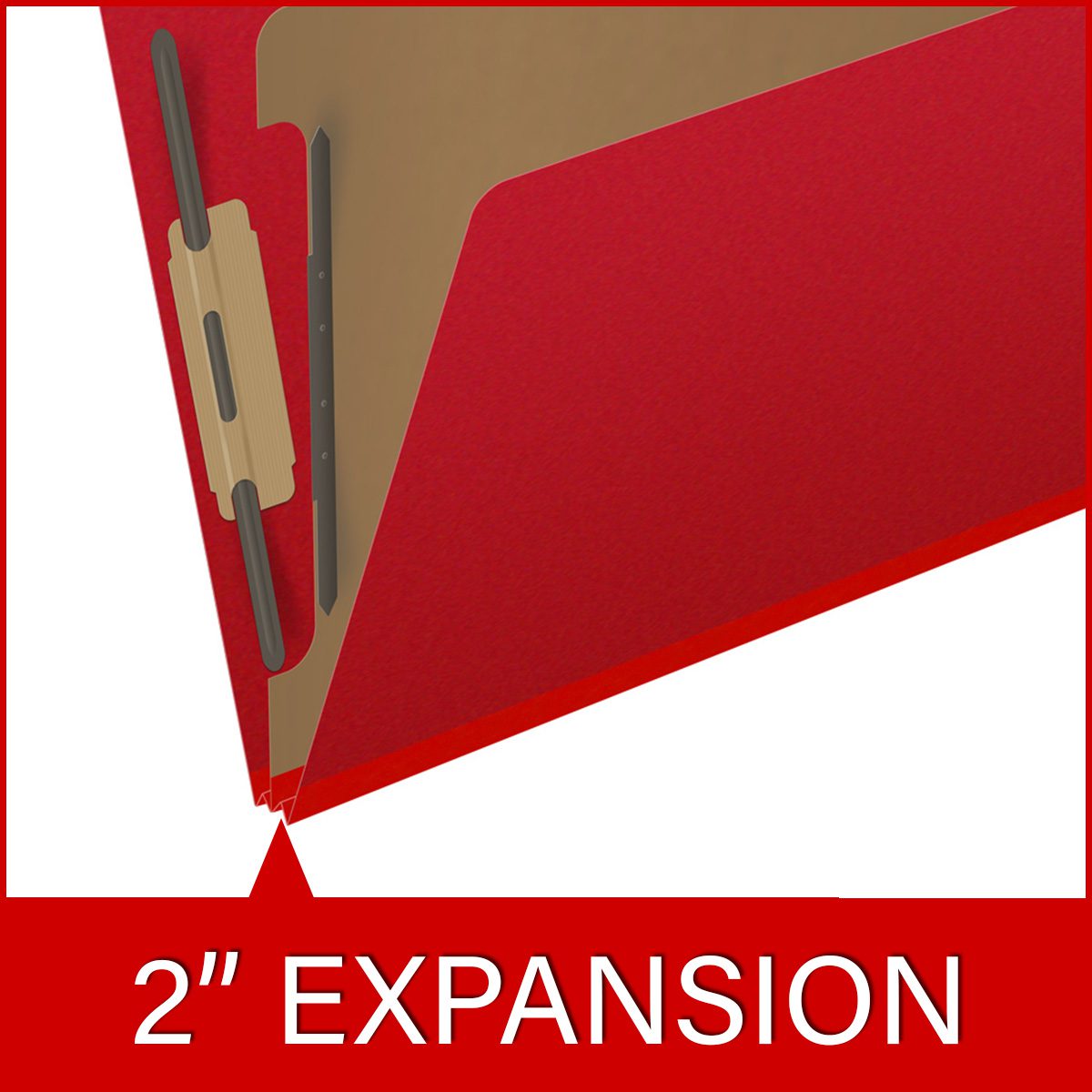 Deep red letter size end tab one divider classification folder with 2" gray tyvek expansion, with 2" bonded fasteners on inside front and inside back and 1" duo fastener on divider - DV-S42-14-3DRD