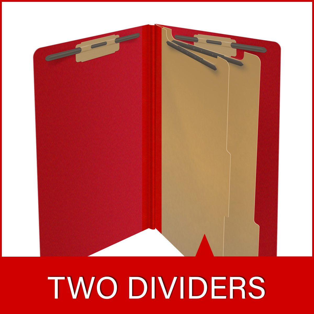Deep red legal size end tab two divider classification folder with 2" gray tyvek expansion, with 2" bonded fasteners on inside front and inside back and 1" duo fastener on dividers - DV-S52-26-3DRD