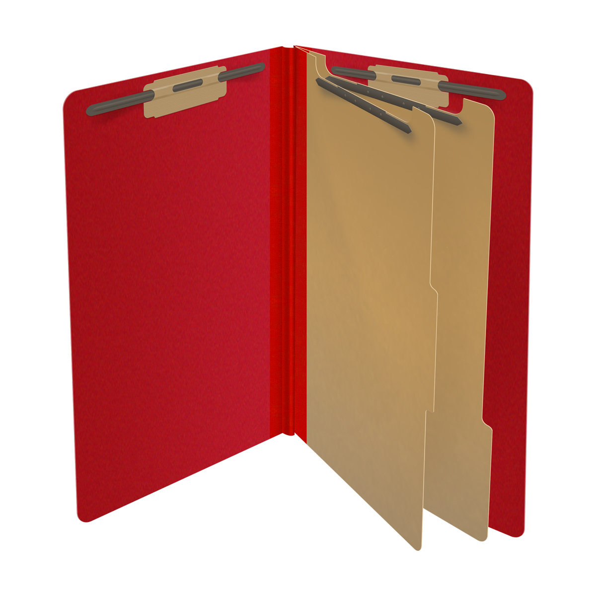 Deep red legal size end tab two divider classification folder with 2" gray tyvek expansion, with 2" bonded fasteners on inside front and inside back and 1" duo fastener on dividers - DV-S52-26-3DRD