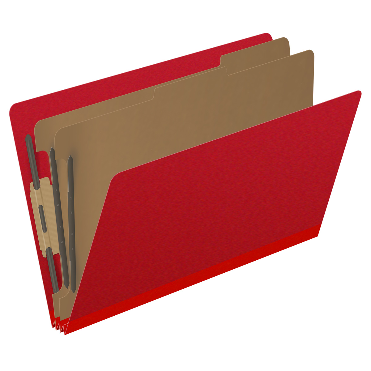 Deep red legal size end tab two divider classification folder with 2" gray tyvek expansion, with 2" bonded fasteners on inside front and inside back and 1" duo fastener on dividers - DV-S52-26-3DRD