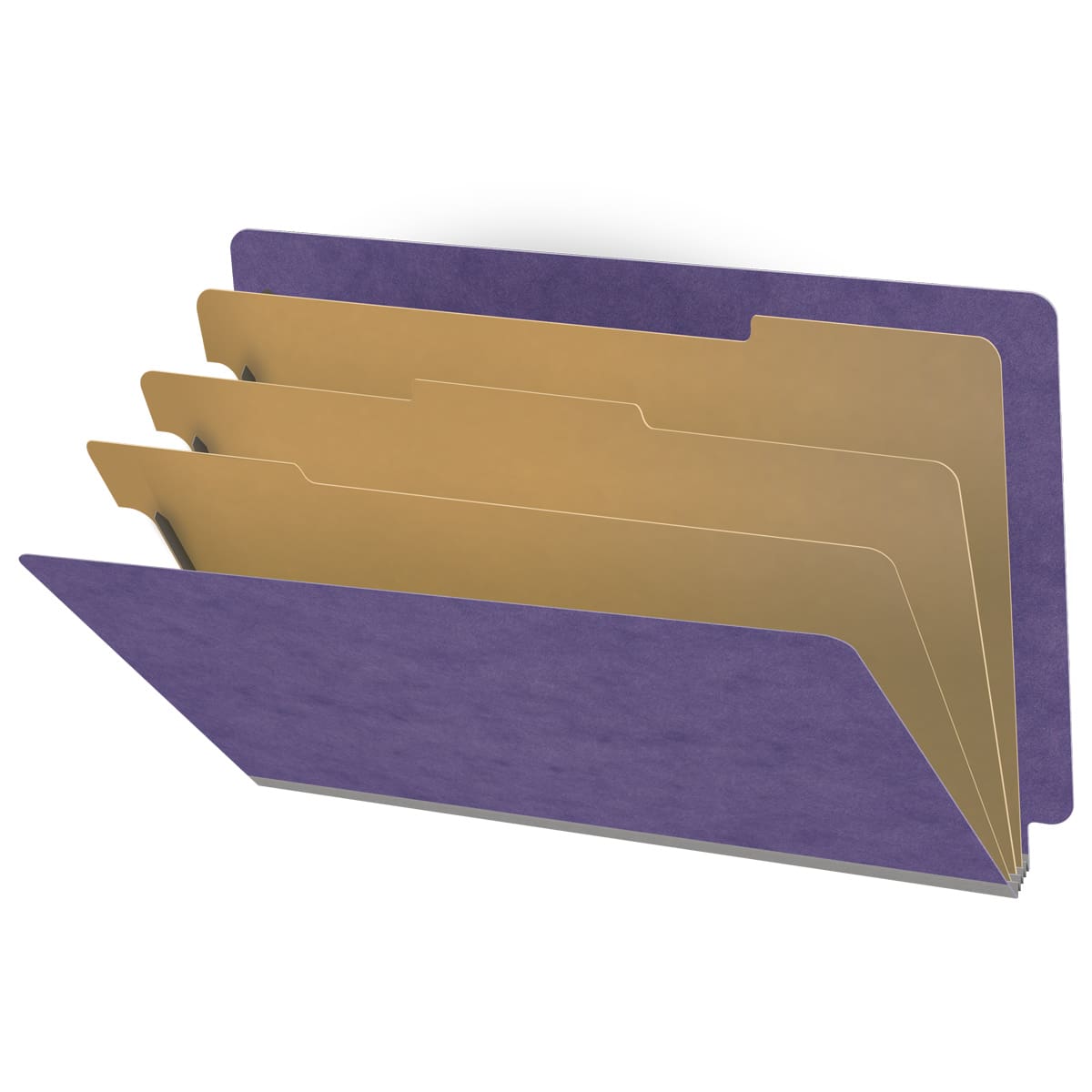 Purple legal size end tab three divider classification folder with 3" grey tyvek expansion, with 2" bonded fasteners on inside front and inside back and 1" duo fastener on dividers - DV-S53-38-3PRP