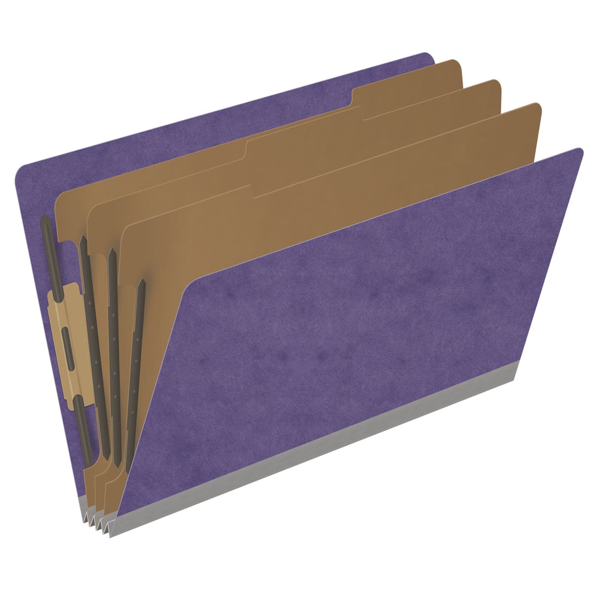 Purple legal size end tab three divider classification folder with 3" grey tyvek expansion, with 2" bonded fasteners on inside front and inside back and 1" duo fastener on dividers - DV-S53-38-3PRP
