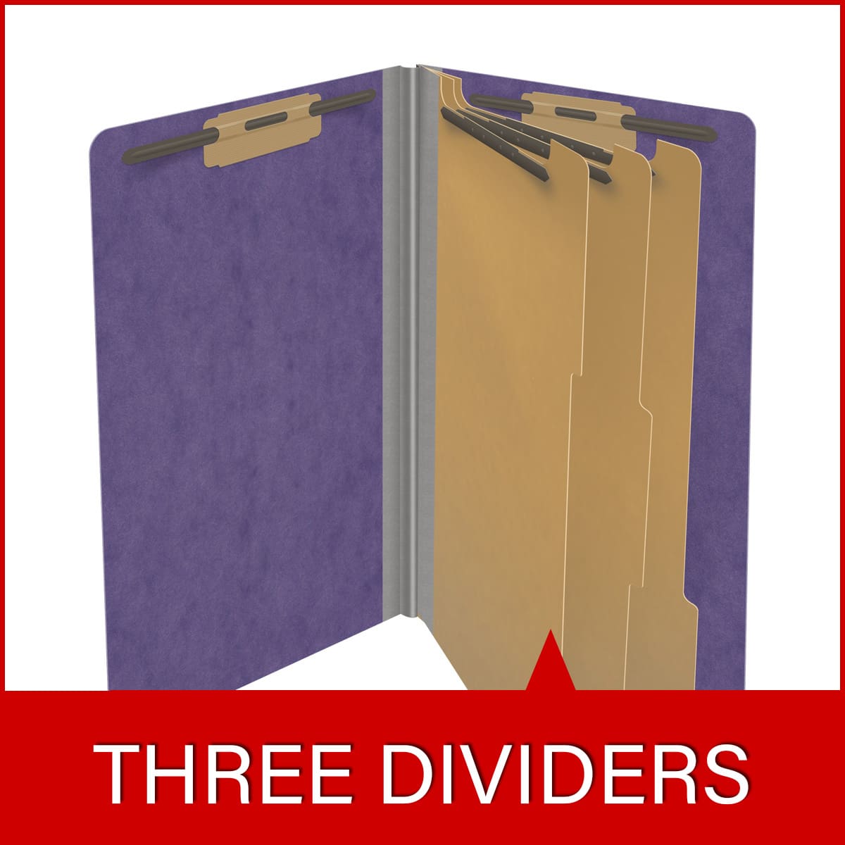 Purple legal size end tab three divider classification folder with 3" grey tyvek expansion, with 2" bonded fasteners on inside front and inside back and 1" duo fastener on dividers - DV-S53-38-3PRP