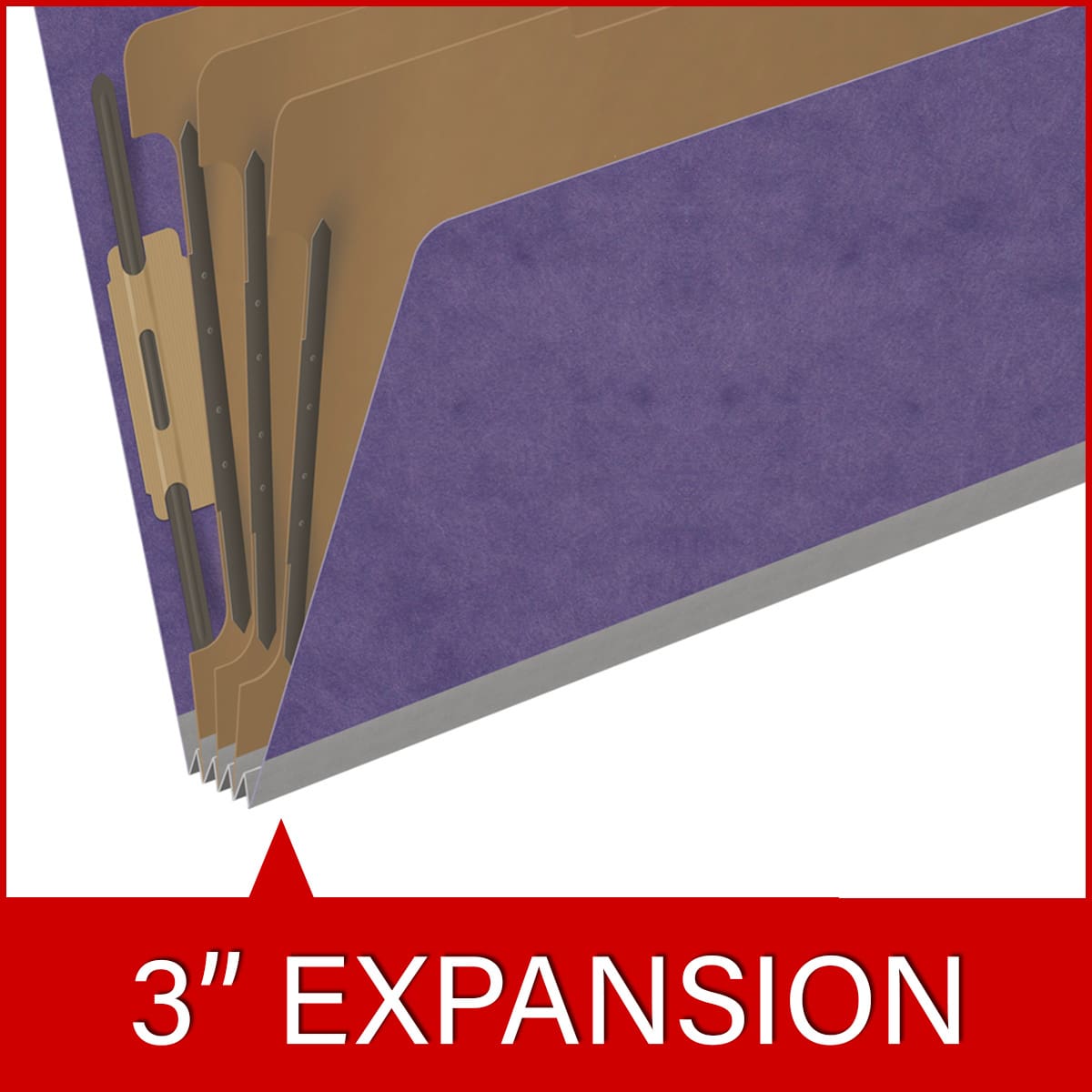 Purple legal size end tab three divider classification folder with 3" grey tyvek expansion, with 2" bonded fasteners on inside front and inside back and 1" duo fastener on dividers - DV-S53-38-3PRP