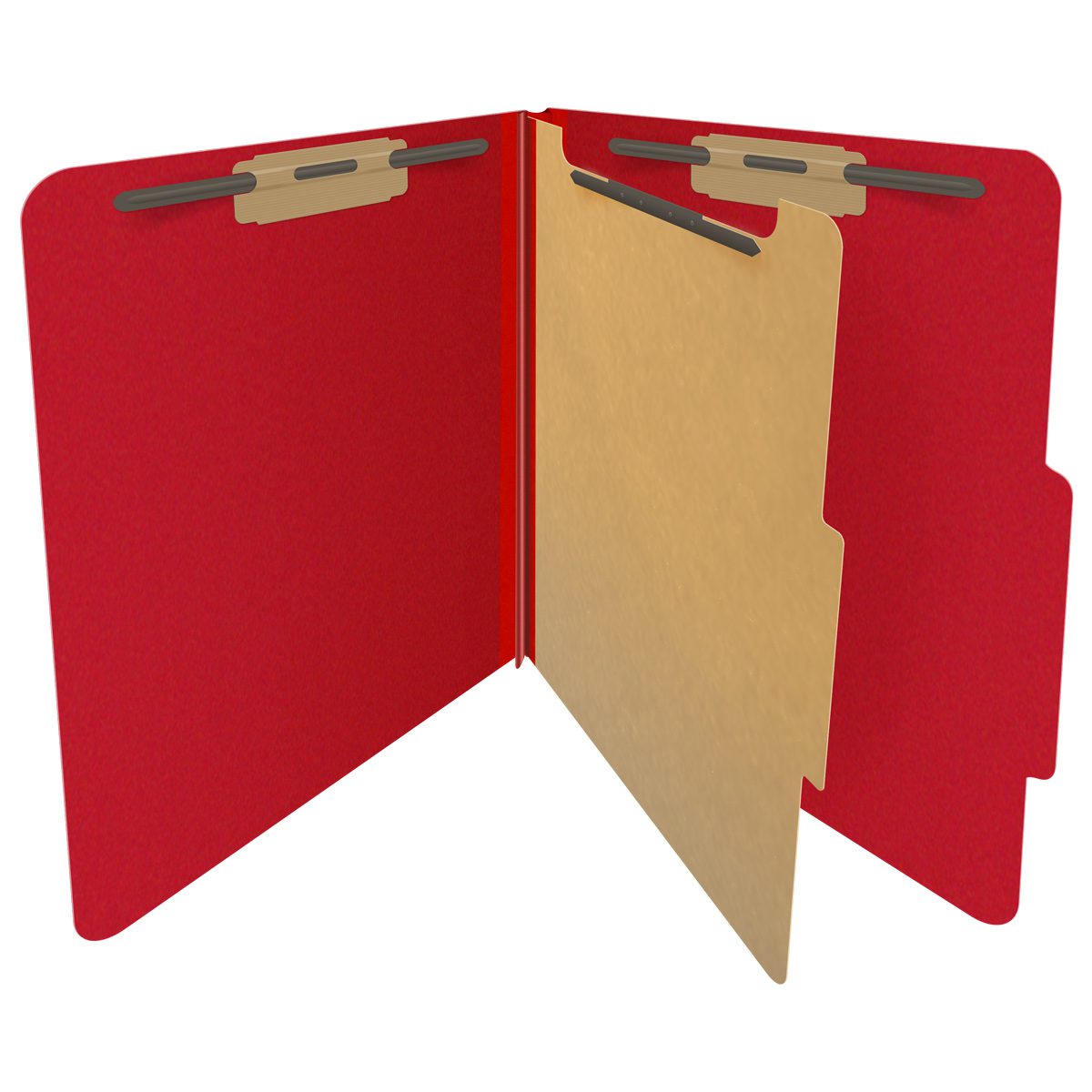 Deep red letter size top tab one divider classification folder with 2" gray tyvek expansion, with 2" bonded fasteners on inside front and inside back and 1" duo fastener on divider - DV-T42-14-3DRD