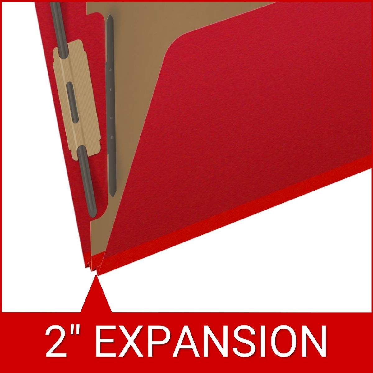 Deep red letter size top tab one divider classification folder with 2" gray tyvek expansion, with 2" bonded fasteners on inside front and inside back and 1" duo fastener on divider - DV-T42-14-3DRD