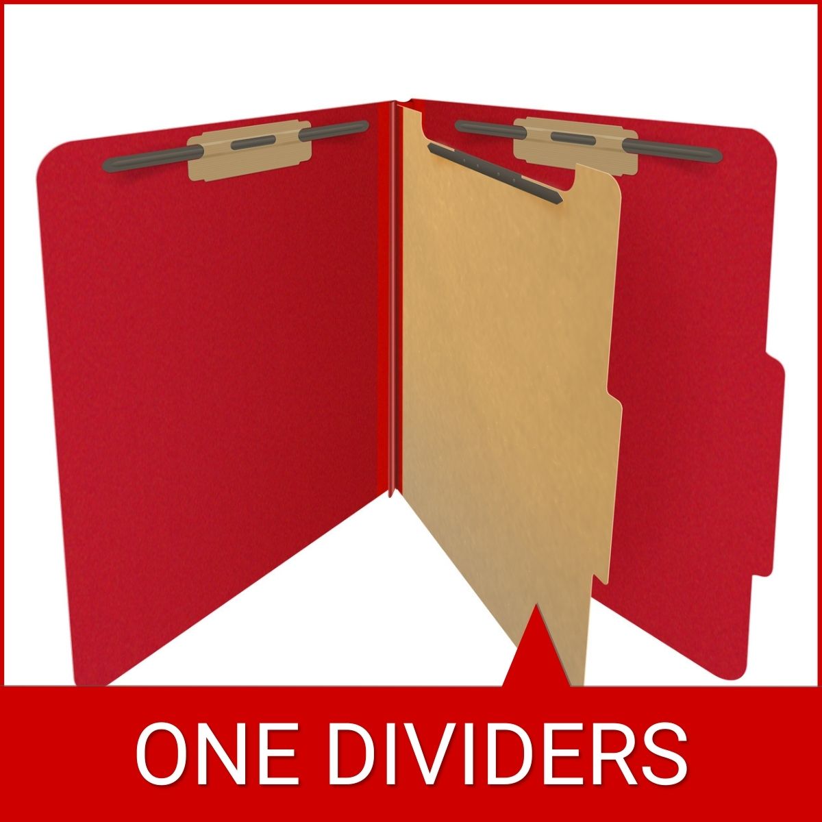 Deep red letter size top tab one divider classification folder with 2" gray tyvek expansion, with 2" bonded fasteners on inside front and inside back and 1" duo fastener on divider - DV-T42-14-3DRD