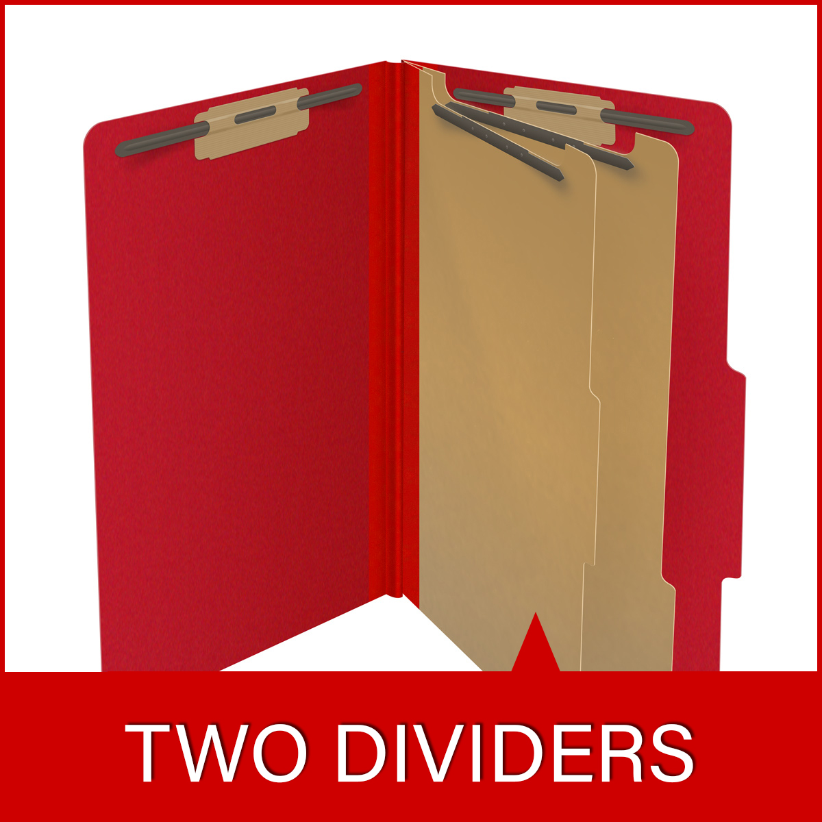 Deep red legal size top tab two divider classification folder with 2" gray tyvek expansion, with 2" bonded fasteners on inside front and inside back and 1" duo fastener on dividers - DV-T52-26-3DRD