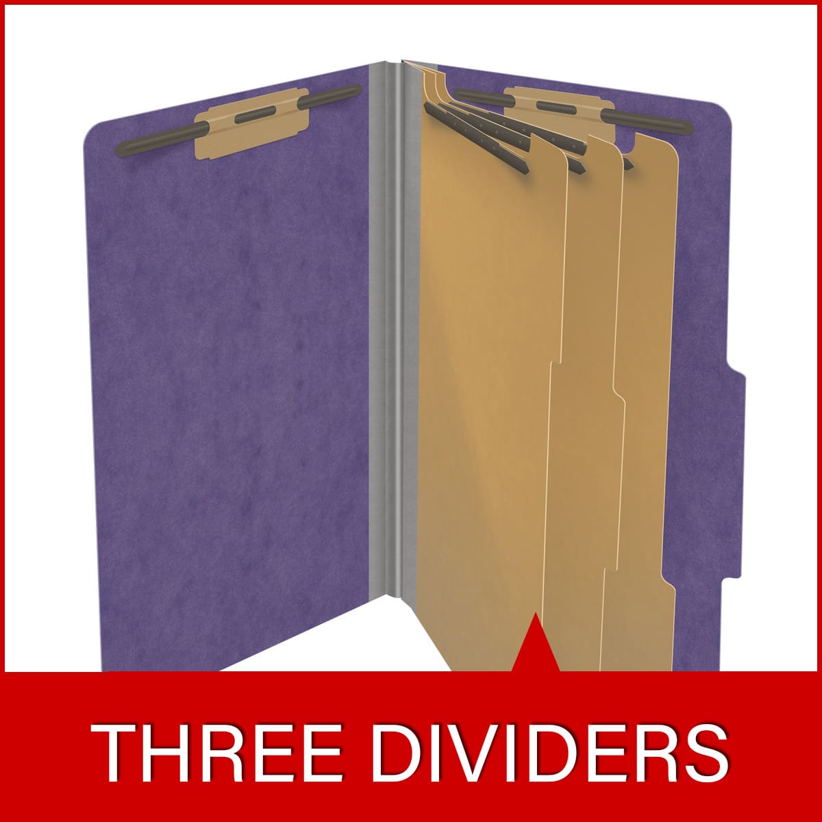 Purple legal size top tab three divider classification folder with 3" grey tyvek expansion, with 2" bonded fasteners on inside front and inside back and 1" duo fastener on dividers - DV-T53-38-3PRP