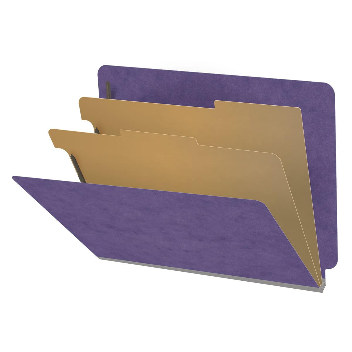 Purple letter size end tab two divider classification folder with 2" gray tyvek expansion, with 2" bonded fasteners on inside front and inside back and 1" duo fastener on dividers - DV-S42-26-3PRP