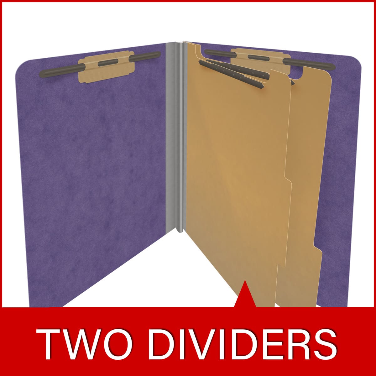Purple letter size end tab two divider classification folder with 2" gray tyvek expansion, with 2" bonded fasteners on inside front and inside back and 1" duo fastener on dividers - DV-S42-26-3PRP