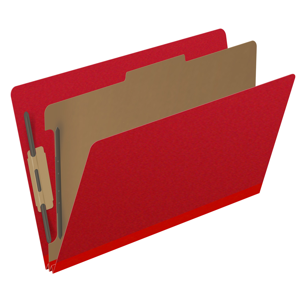 Deep red legal size end tab one divider classification folder with 2" gray tyvek expansion, with 2" bonded fasteners on inside front and inside back and 1" duo fastener on divider - DV-S52-14-3DRD
