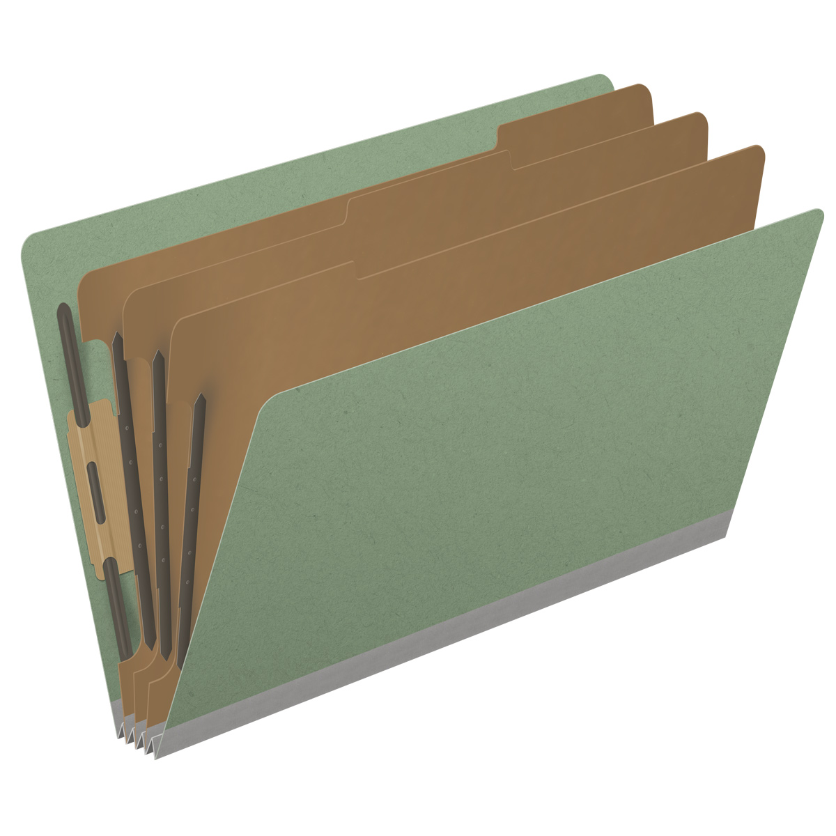Green legal size end tab three divider classification folder with 3" gray tyvek expansion, with 2" bonded fasteners on inside front and inside back and 1" duo fastener on dividers - DV-S53-38-3AGN