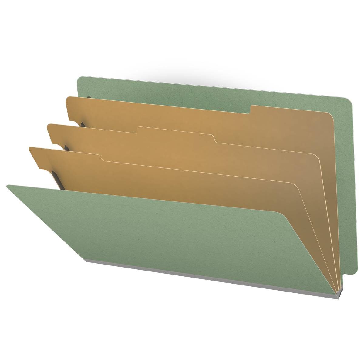 Green legal size end tab three divider classification folder with 3" gray tyvek expansion, with 2" bonded fasteners on inside front and inside back and 1" duo fastener on dividers - DV-S53-38-3AGN