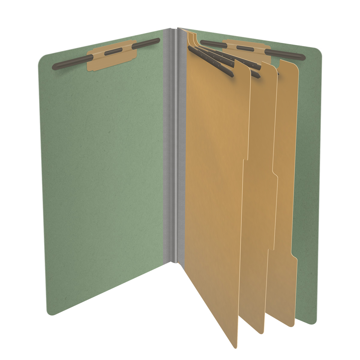 Green legal size end tab three divider classification folder with 3" gray tyvek expansion, with 2" bonded fasteners on inside front and inside back and 1" duo fastener on dividers - DV-S53-38-3AGN