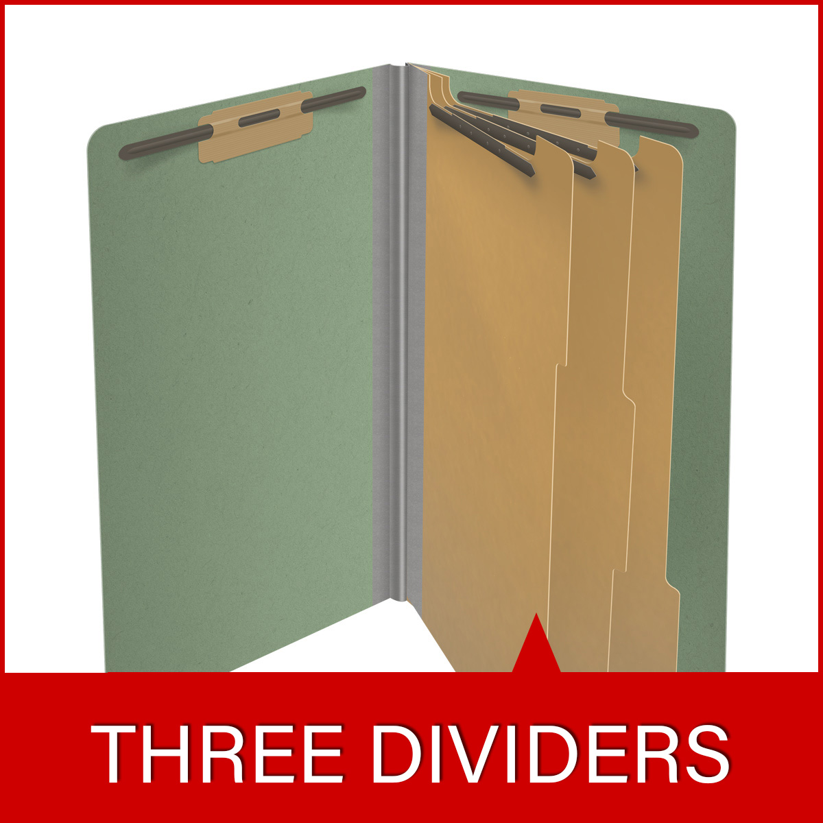 Green legal size end tab three divider classification folder with 3" gray tyvek expansion, with 2" bonded fasteners on inside front and inside back and 1" duo fastener on dividers - DV-S53-38-3AGN
