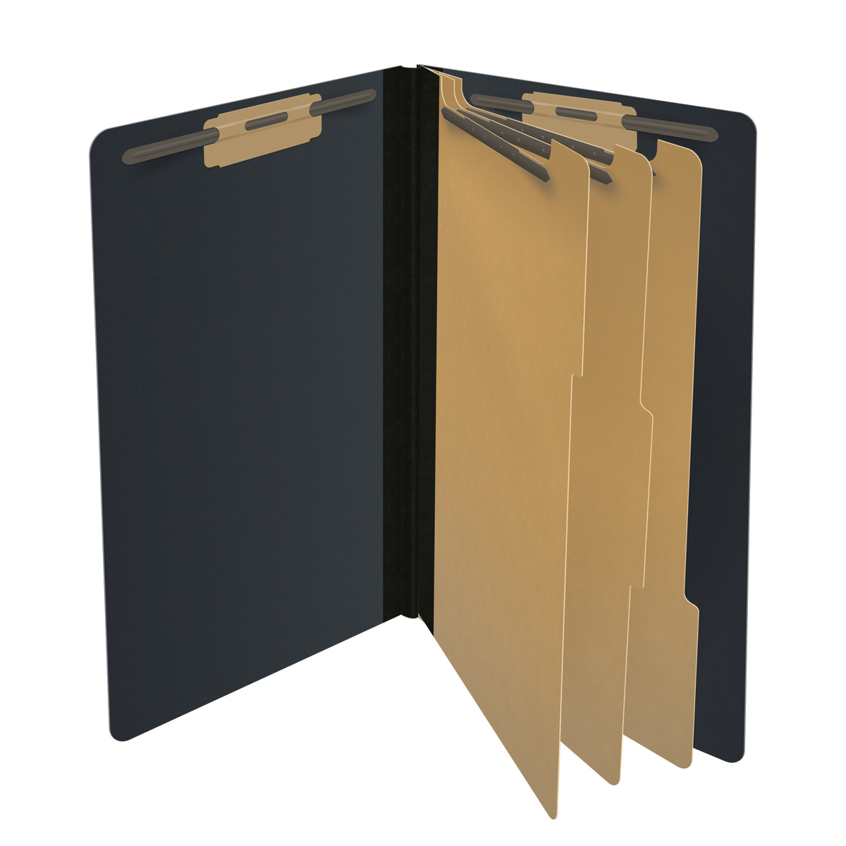 Black legal size end tab three divider classification folder with 3" gray tyvek expansion, with 2" bonded fasteners on inside front and inside back and 1" duo fastener on dividers - DV-S53-38-3BLK
