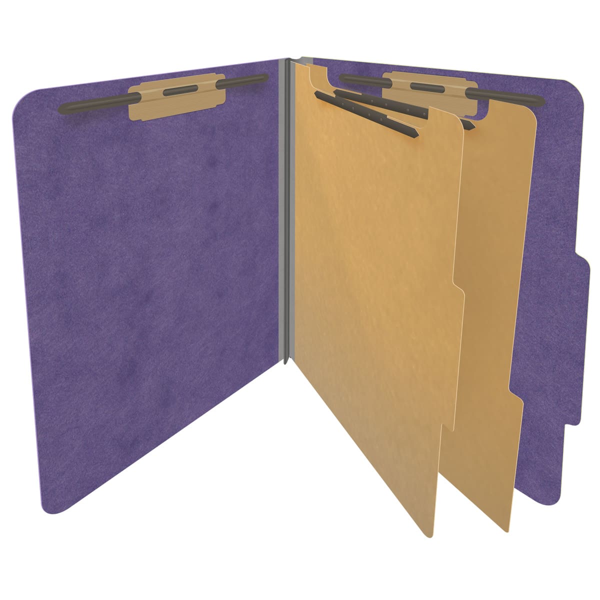 Purple letter size top tab two divider classification folder with 2" gray tyvek expansion, with 2" bonded fasteners on inside front and inside back and 1" duo fastener on dividers - DV-T42-26-3PRP