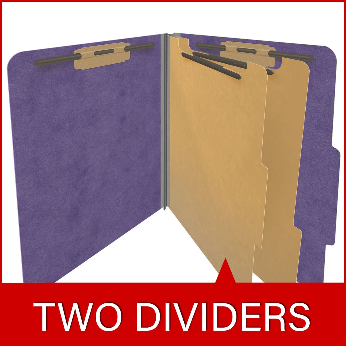 Purple letter size top tab two divider classification folder with 2" gray tyvek expansion, with 2" bonded fasteners on inside front and inside back and 1" duo fastener on dividers - DV-T42-26-3PRP