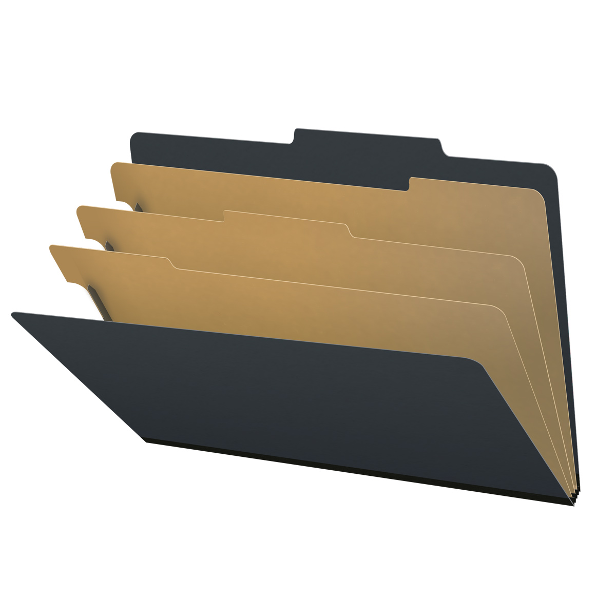 Black legal size top tab three divider classification folder with 3" gray tyvek expansion, with 2" bonded fasteners on inside front and inside back and 1" duo fastener on dividers - DV-T53-38-3BLK