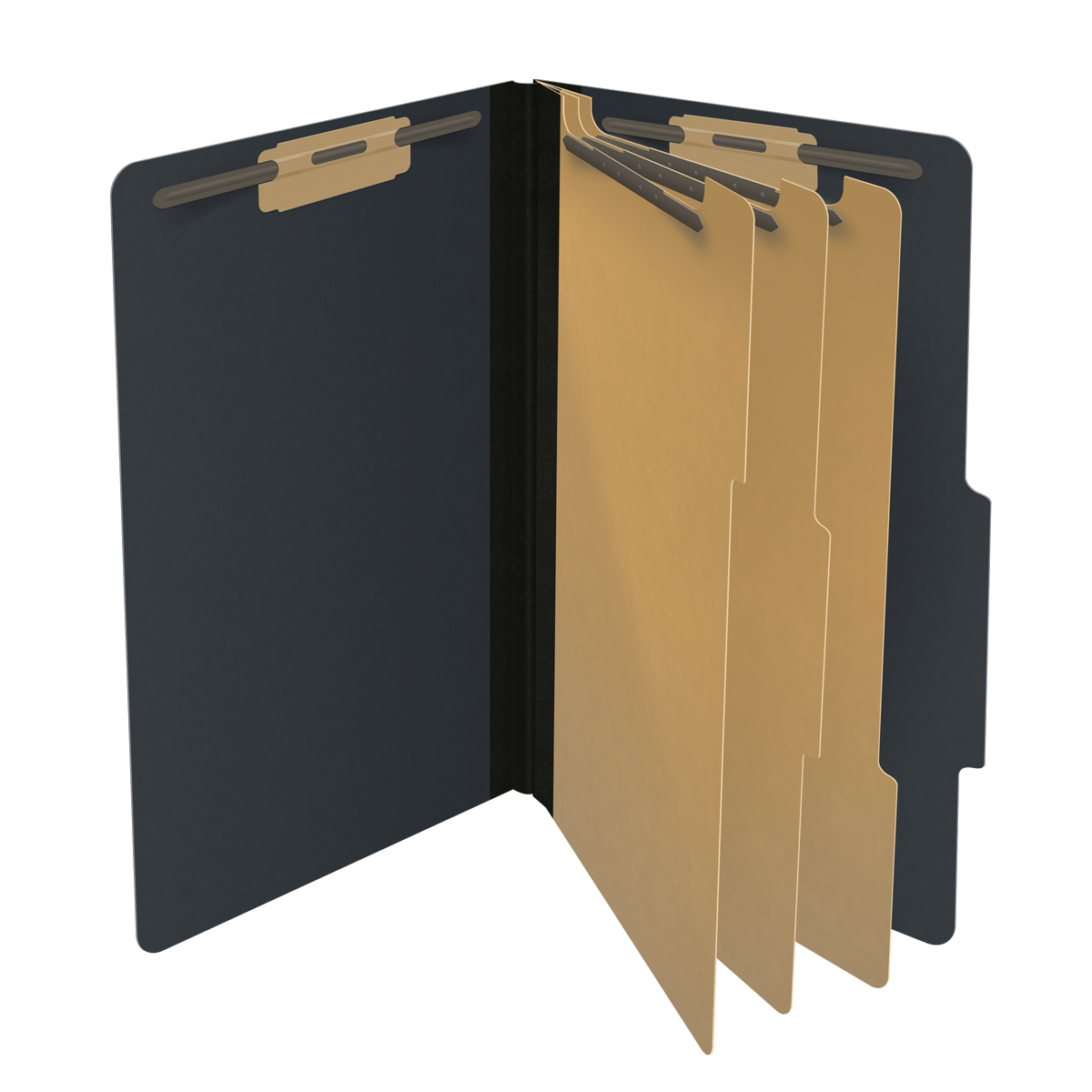 Black legal size top tab three divider classification folder with 3" gray tyvek expansion, with 2" bonded fasteners on inside front and inside back and 1" duo fastener on dividers - DV-T53-38-3BLK