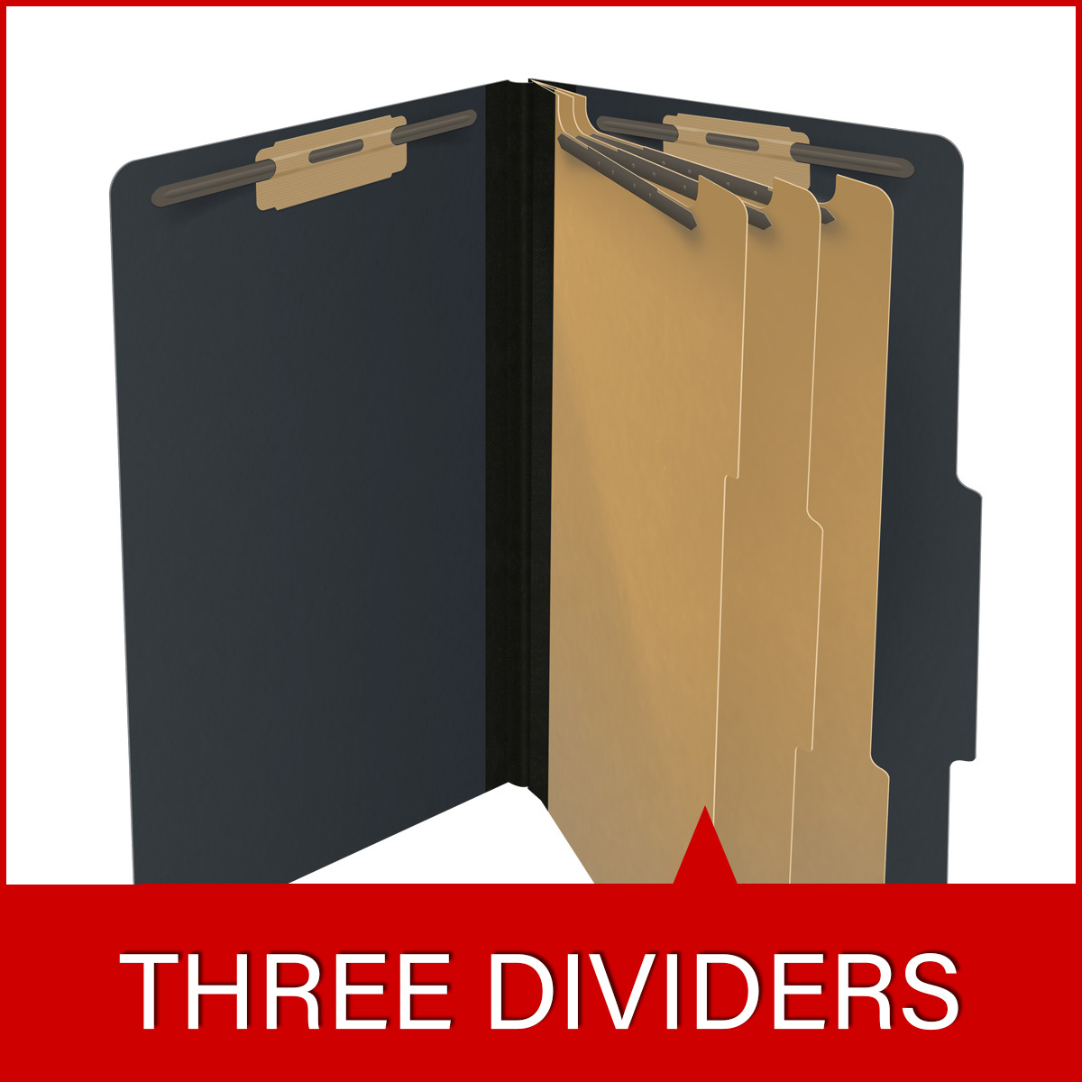 Black legal size top tab three divider classification folder with 3" gray tyvek expansion, with 2" bonded fasteners on inside front and inside back and 1" duo fastener on dividers - DV-T53-38-3BLK