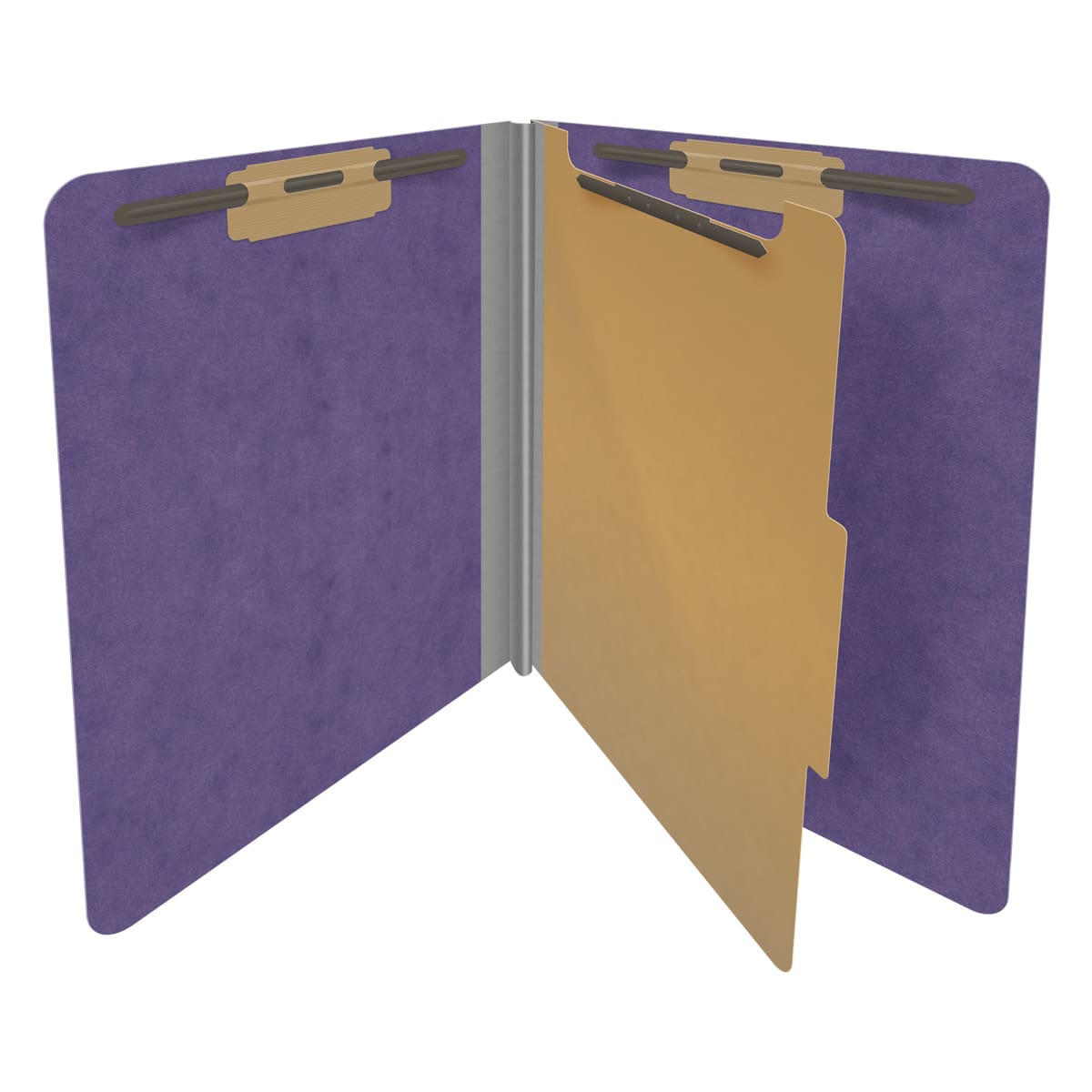 Purple letter size end tab one divider classification folder with 2" gray tyvek expansion, with 2" bonded fasteners on inside front and inside back and 1" duo fastener on divider - DV-S42-14-3PRP