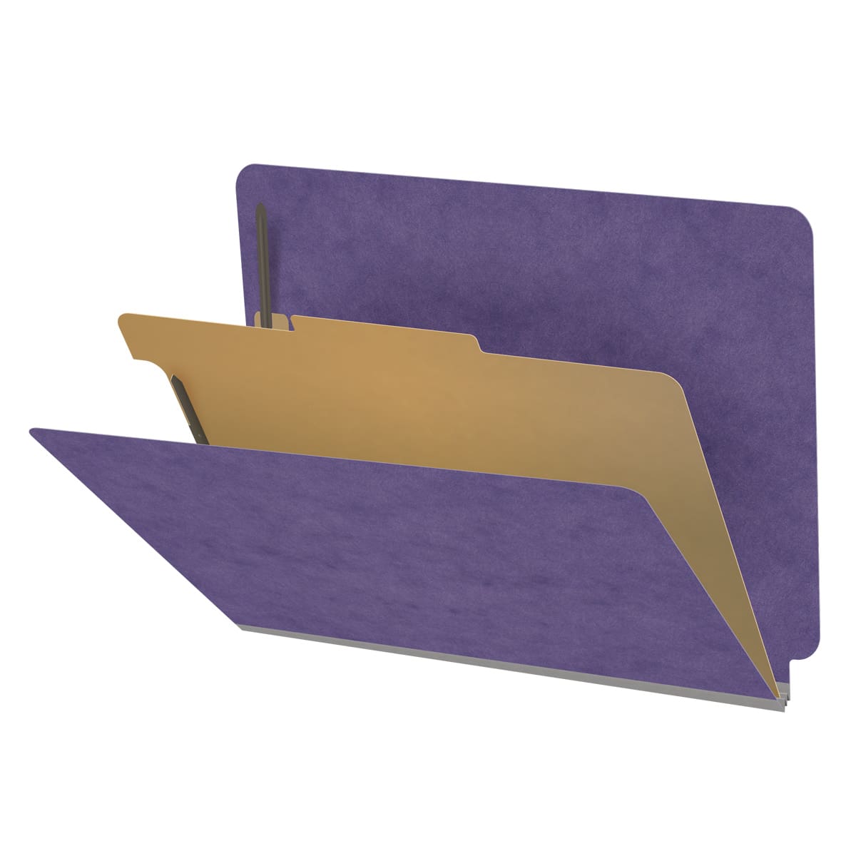 Purple letter size end tab one divider classification folder with 2" gray tyvek expansion, with 2" bonded fasteners on inside front and inside back and 1" duo fastener on divider - DV-S42-14-3PRP