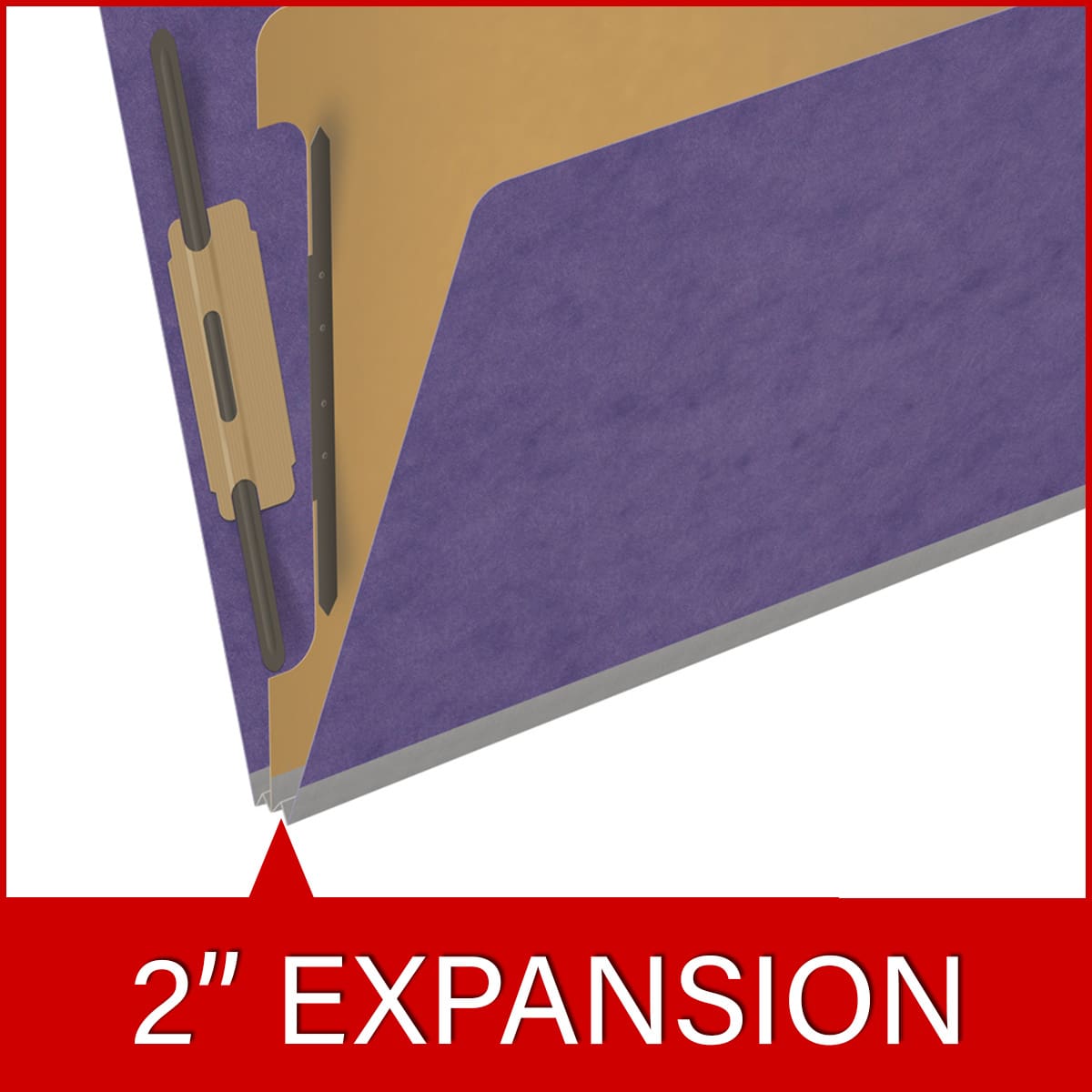 Purple letter size end tab one divider classification folder with 2" gray tyvek expansion, with 2" bonded fasteners on inside front and inside back and 1" duo fastener on divider - DV-S42-14-3PRP