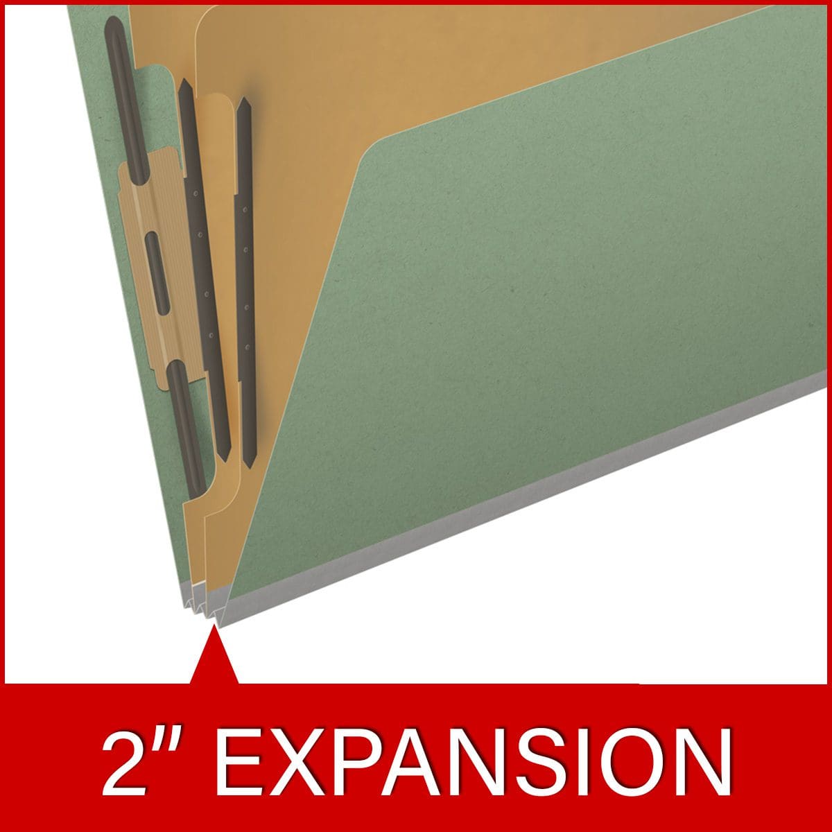 Green letter size end tab two divider classification folder with 2" gray tyvek expansion, with 2" bonded fasteners on inside front and inside back and 1" duo fastener on dividers - DV-S42-26-3AGN