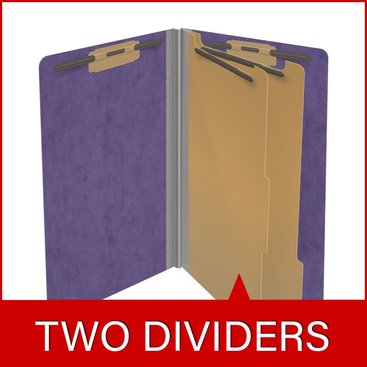 Purple legal size end tab two divider classification folder with 2" gray tyvek expansion, with 2" bonded fasteners on inside front and inside back and 1" duo fastener on dividers - DV-S52-26-3PRP