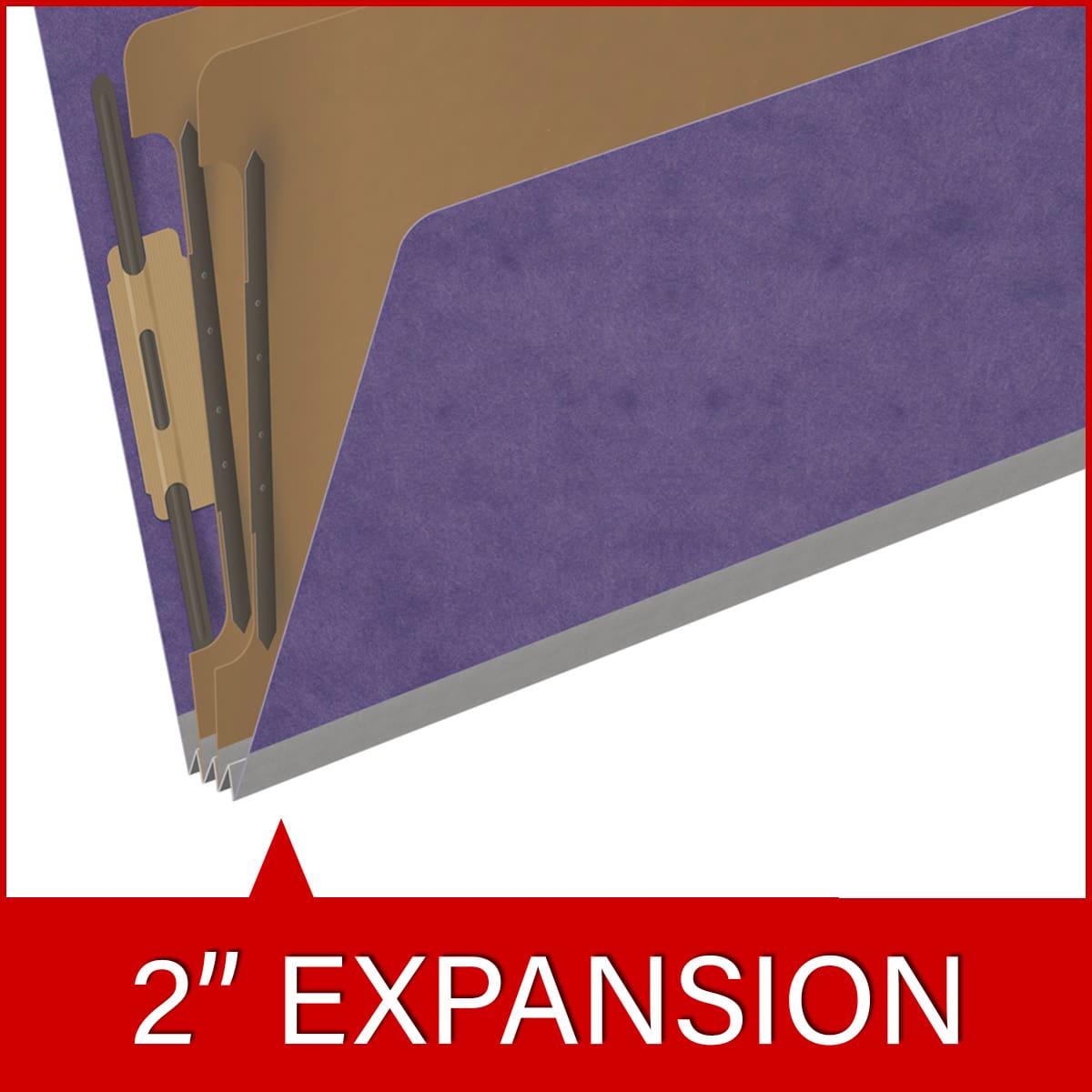 Purple legal size end tab two divider classification folder with 2" gray tyvek expansion, with 2" bonded fasteners on inside front and inside back and 1" duo fastener on dividers - DV-S52-26-3PRP