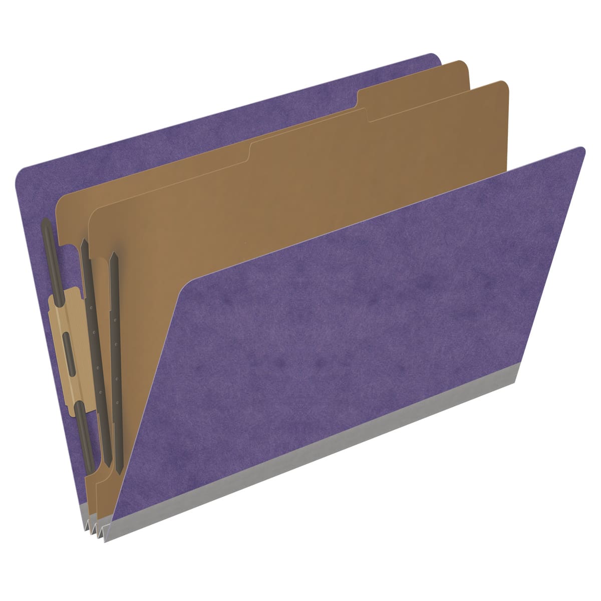Purple legal size end tab two divider classification folder with 2" gray tyvek expansion, with 2" bonded fasteners on inside front and inside back and 1" duo fastener on dividers - DV-S52-26-3PRP
