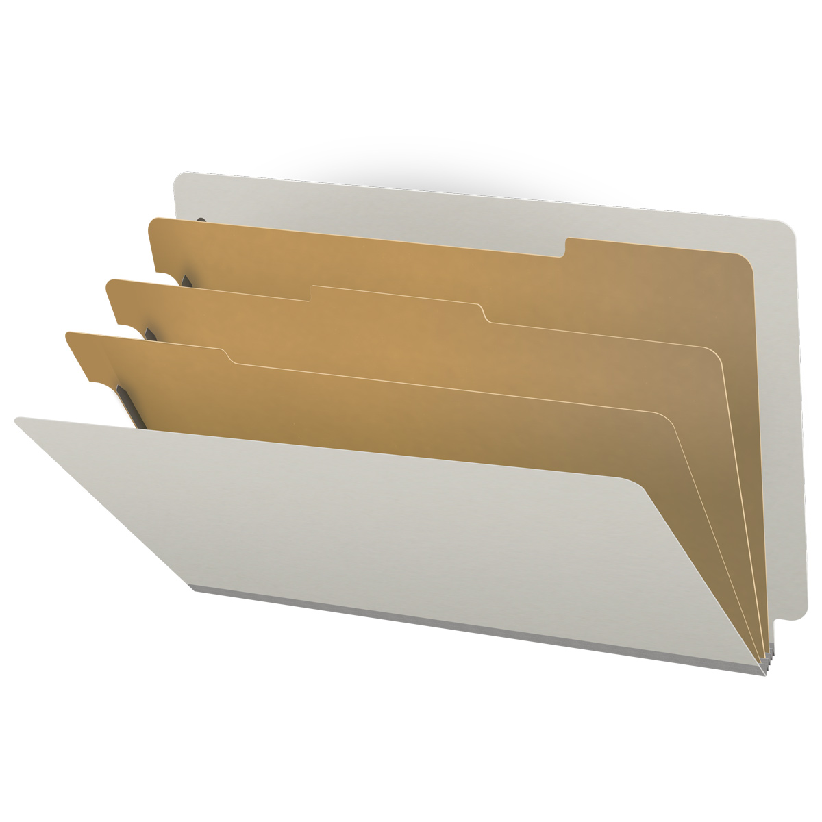 Grey legal size end tab three divider classification folder with 3" gray tyvek expansion, with 2" bonded fasteners on inside front and inside back and 1" duo fastener on dividers - DV-S53-38-3GRY