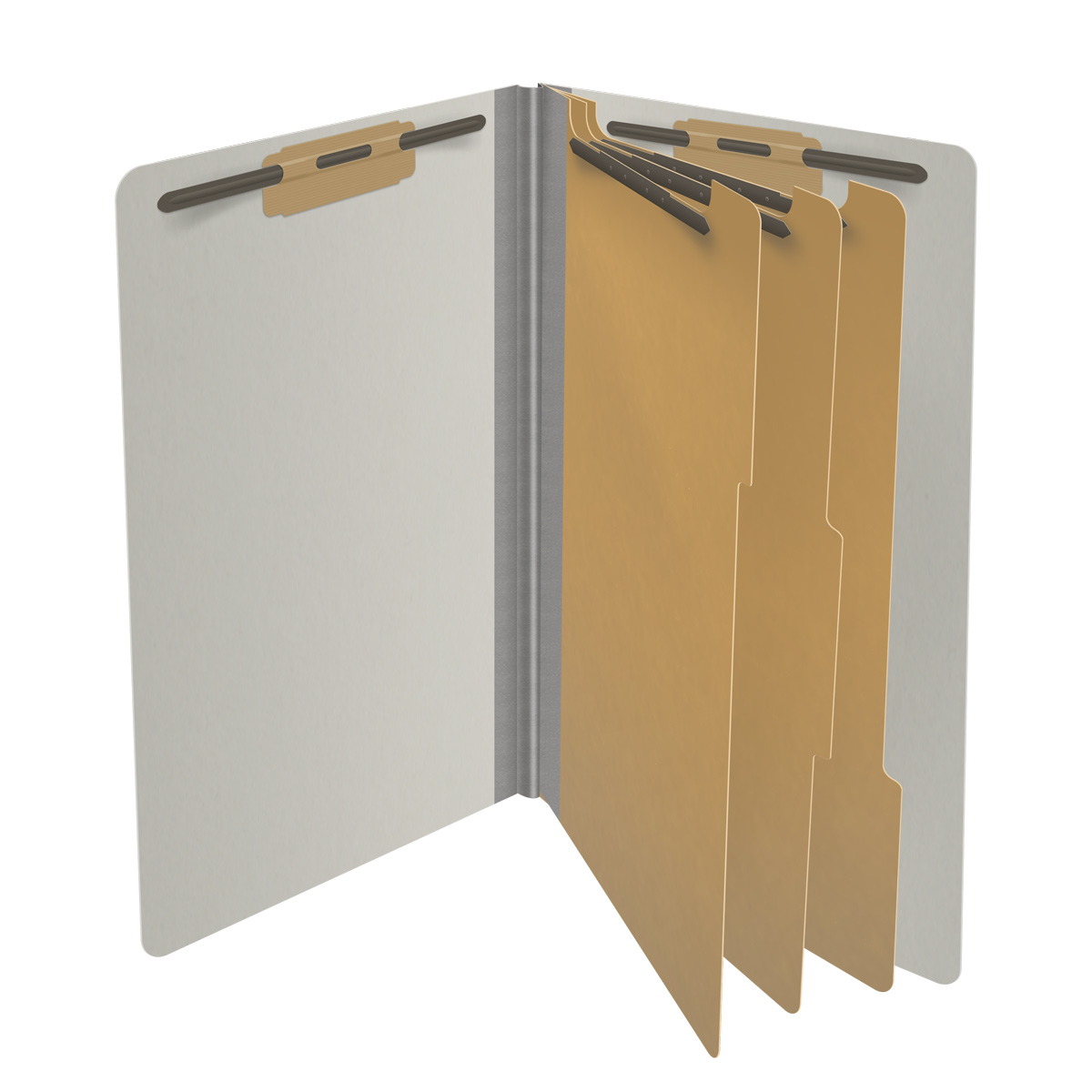 Grey legal size end tab three divider classification folder with 3" gray tyvek expansion, with 2" bonded fasteners on inside front and inside back and 1" duo fastener on dividers - DV-S53-38-3GRY