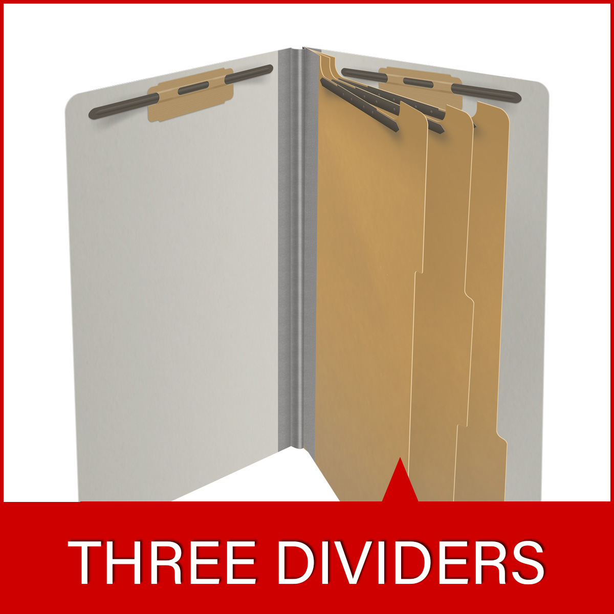 Grey legal size end tab three divider classification folder with 3" gray tyvek expansion, with 2" bonded fasteners on inside front and inside back and 1" duo fastener on dividers - DV-S53-38-3GRY