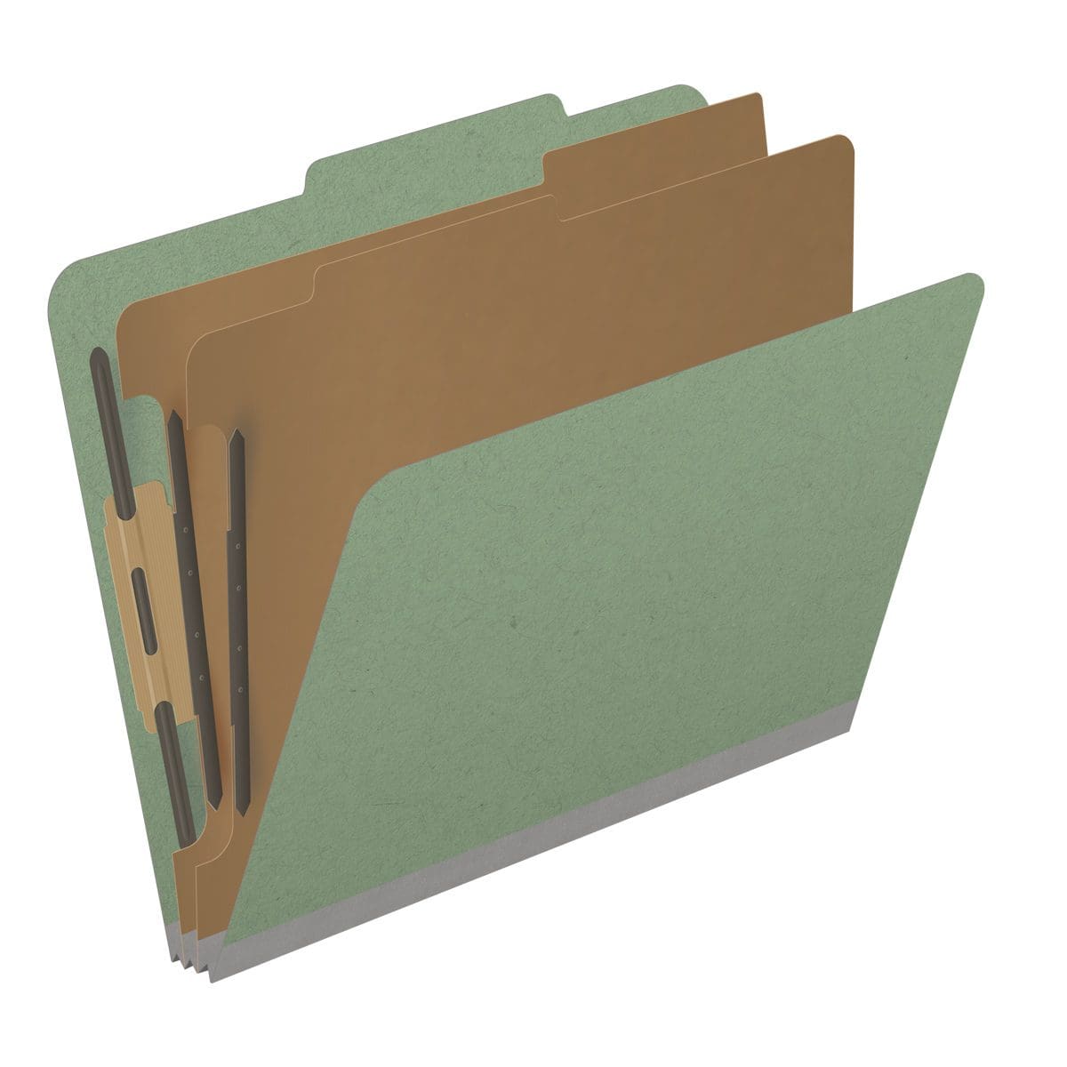 Green letter size top tab two divider classification folder with 2" gray tyvek expansion, with 2" bonded fasteners on inside front and inside back and 1" duo fastener on dividers - DV-T42-26-3AGN