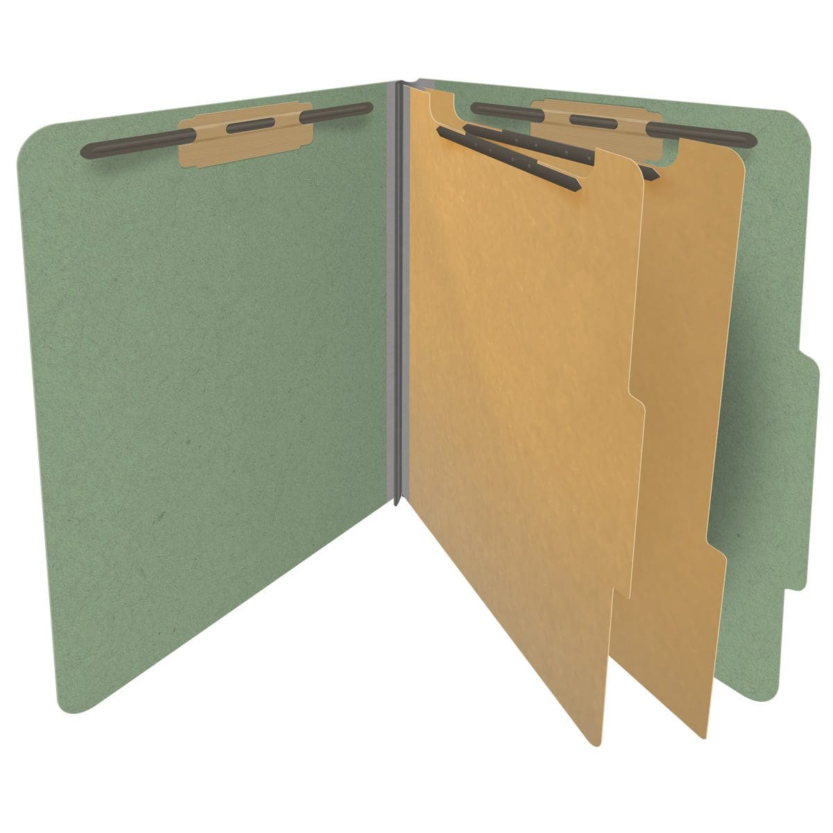 Green letter size top tab two divider classification folder with 2" gray tyvek expansion, with 2" bonded fasteners on inside front and inside back and 1" duo fastener on dividers - DV-T42-26-3AGN