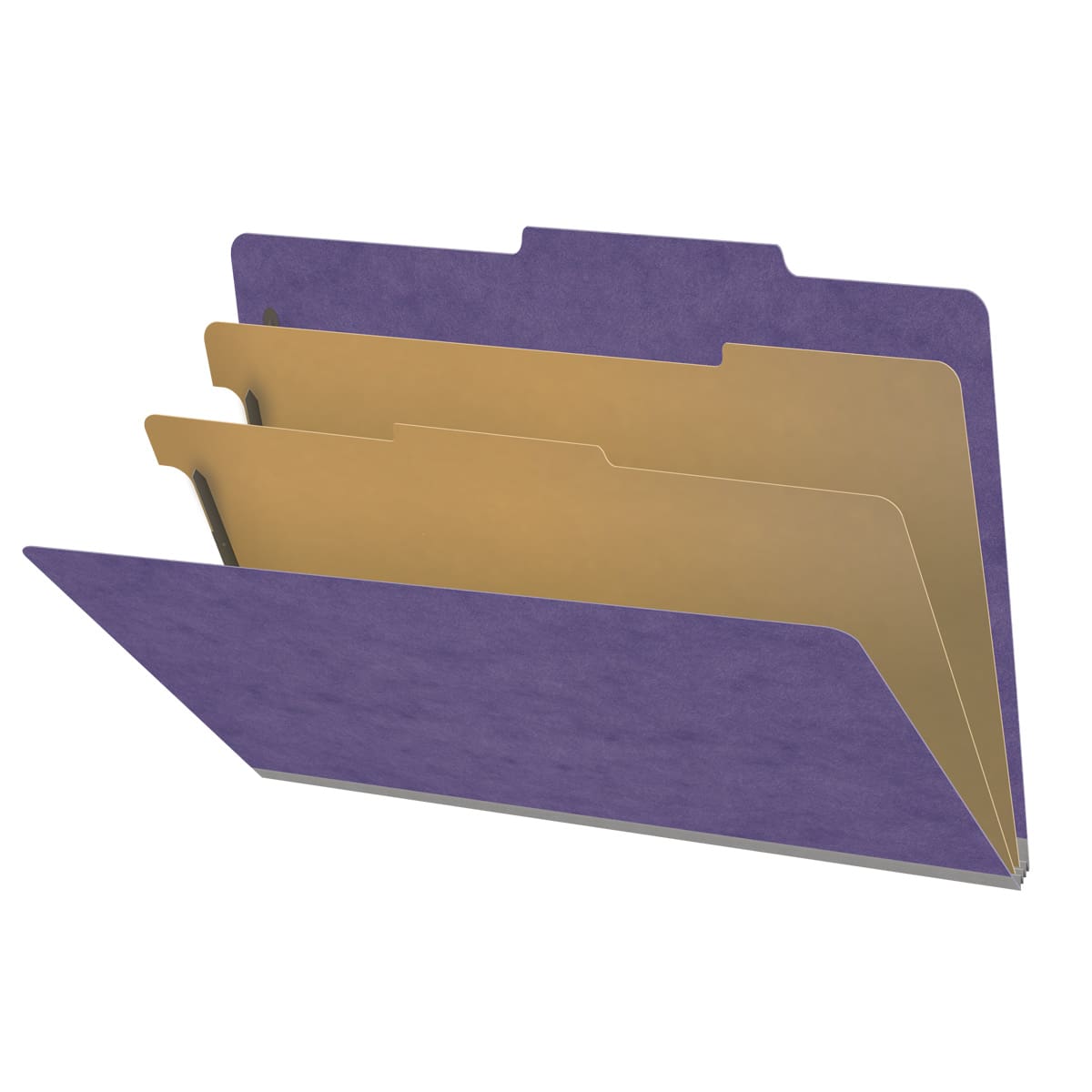 Purple legal size top tab two divider classification folder with 2" gray tyvek expansion, with 2" bonded fasteners on inside front and inside back and 1" duo fastener on dividers - DV-T52-26-3PRP