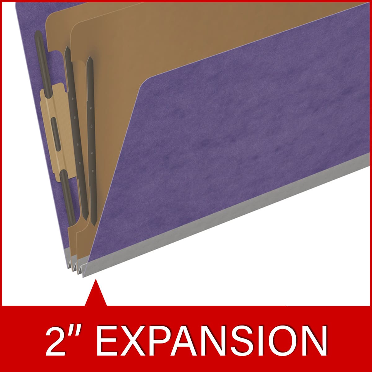 Purple legal size top tab two divider classification folder with 2" gray tyvek expansion, with 2" bonded fasteners on inside front and inside back and 1" duo fastener on dividers - DV-T52-26-3PRP