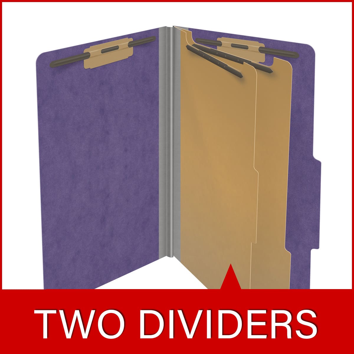 Purple legal size top tab two divider classification folder with 2" gray tyvek expansion, with 2" bonded fasteners on inside front and inside back and 1" duo fastener on dividers - DV-T52-26-3PRP