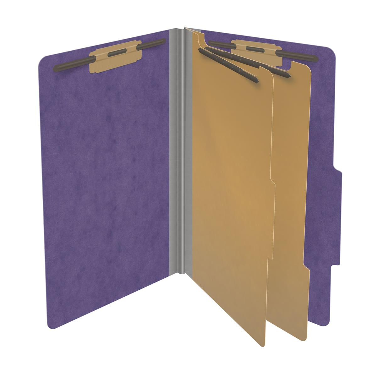 Purple legal size top tab two divider classification folder with 2" gray tyvek expansion, with 2" bonded fasteners on inside front and inside back and 1" duo fastener on dividers - DV-T52-26-3PRP