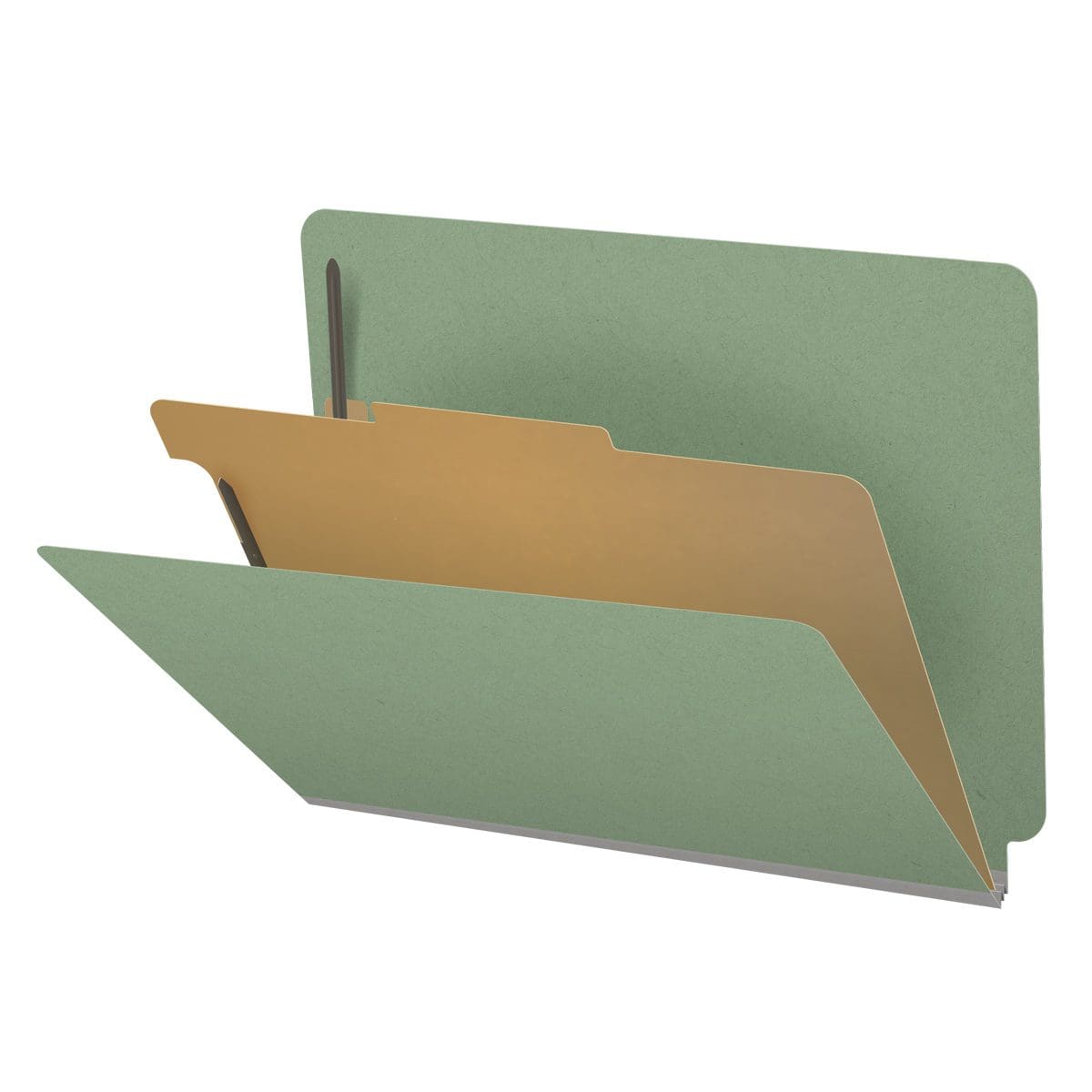 Green letter size end tab one divider classification folder with 2" gray tyvek expansion, with 2" bonded fasteners on inside front and inside back and 1" duo fastener on divider - DV-S42-14-3AGN