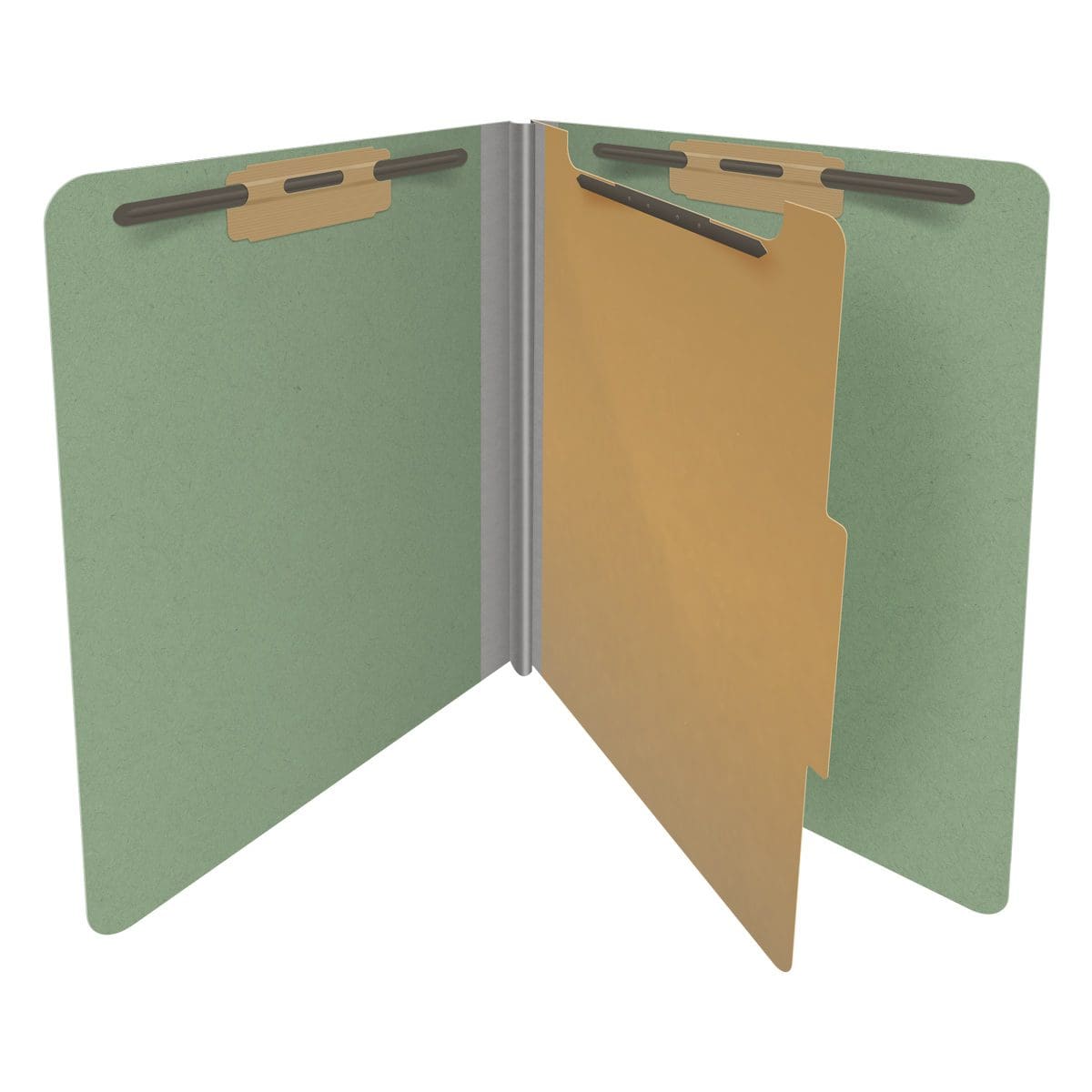 Green letter size end tab one divider classification folder with 2" gray tyvek expansion, with 2" bonded fasteners on inside front and inside back and 1" duo fastener on divider - DV-S42-14-3AGN