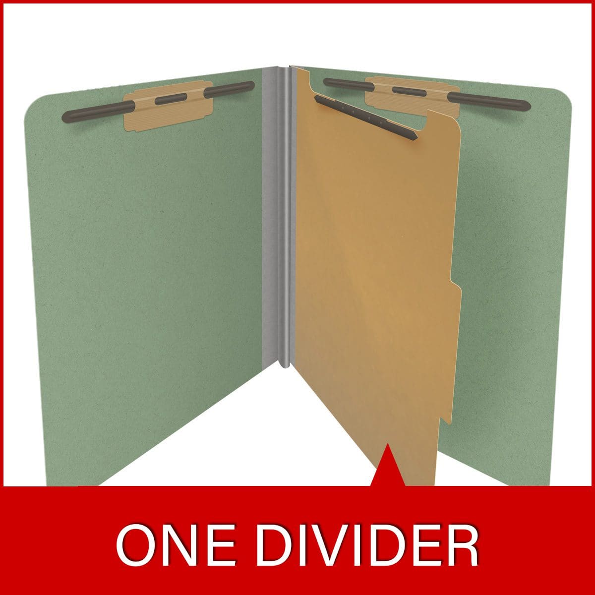 Green letter size end tab one divider classification folder with 2" gray tyvek expansion, with 2" bonded fasteners on inside front and inside back and 1" duo fastener on divider - DV-S42-14-3AGN