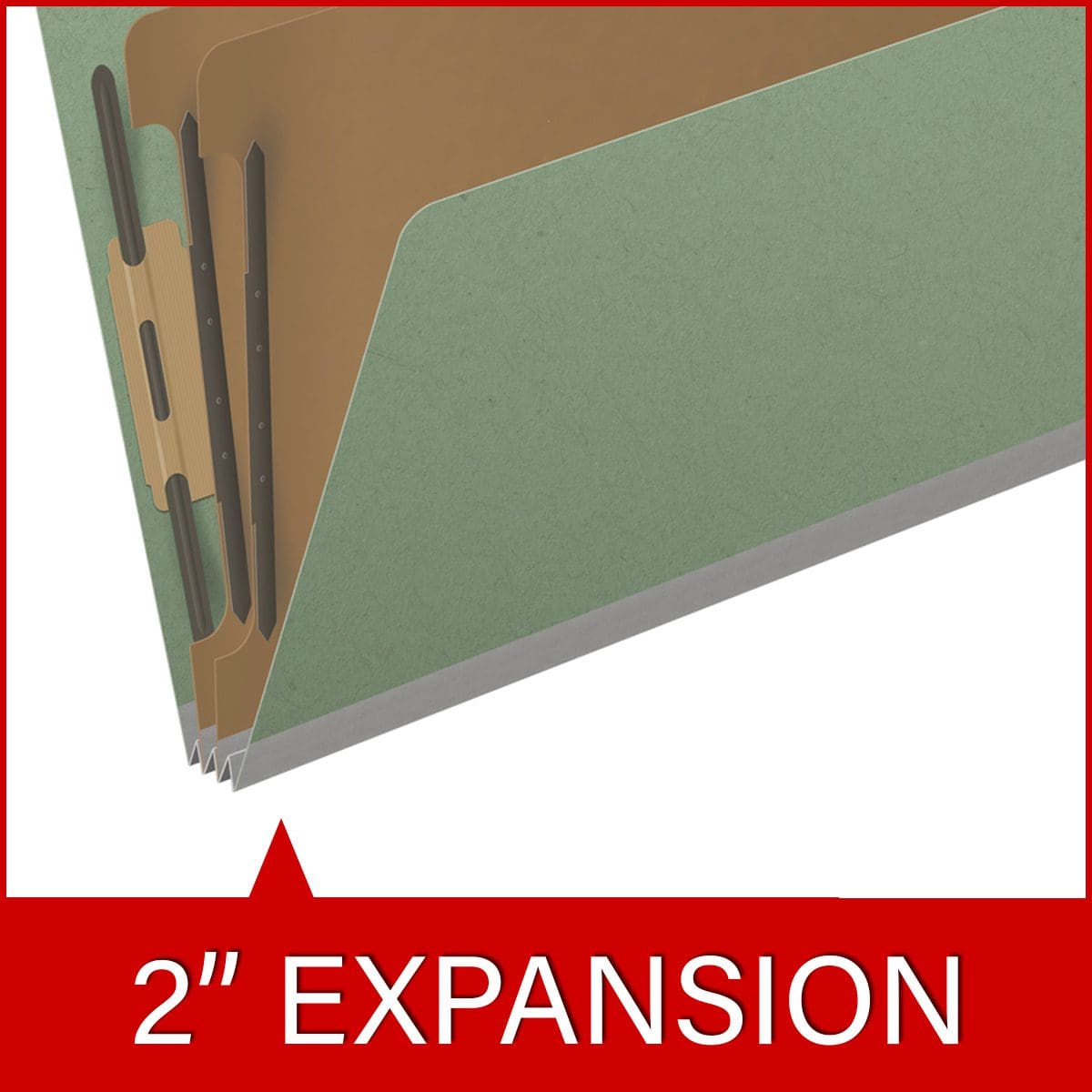Green legal size end tab two divider classification folder with 2" gray tyvek expansion, with 2" bonded fasteners on inside front and inside back and 1" duo fastener on dividers - DV-S52-26-3AGN